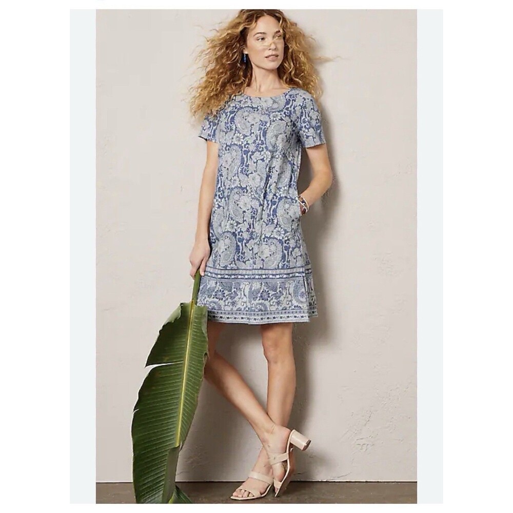 Pure Jill  Women's Size Medium Blue Floral Paisley Print Slub Knit Dress